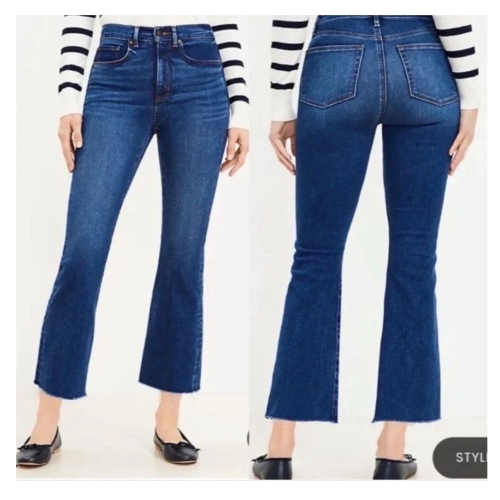 LOFT Curvy High Waist Flare Crop Jeans Dark Wash Blue Raw Hem Size 18/34 NEW